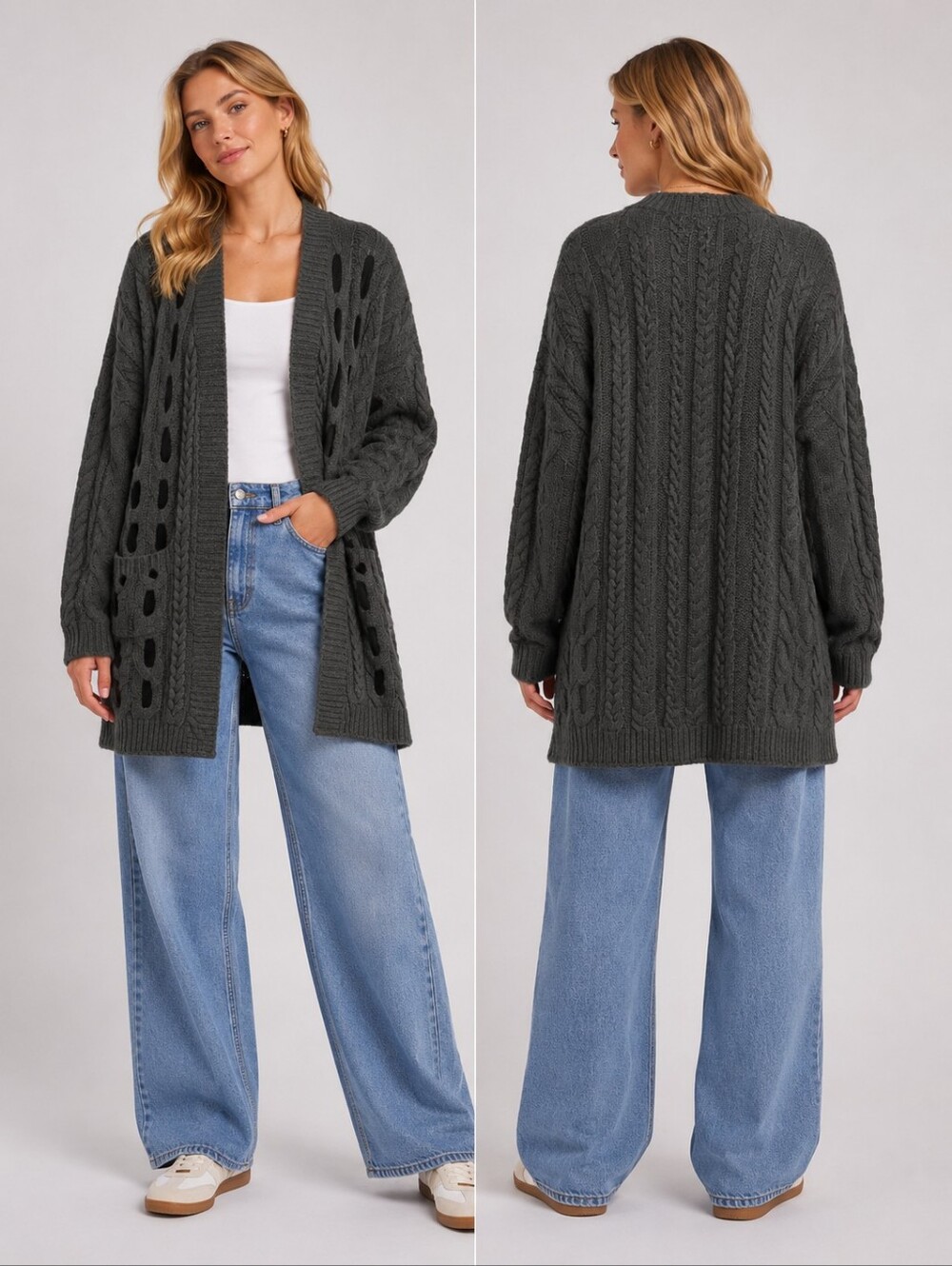 POL Oversized Ink Charcoal Cable Knit Cardigan | Chunky Cozy Open Front Sweater